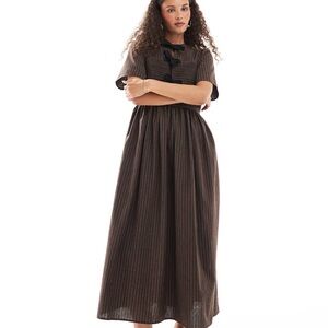 Ghospell bow detail midi dress in brown tonal